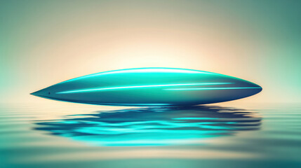 A bold surfboard with a striking metallic finish, accented by glowing cyan lines along its edges, resting on a reflective surface