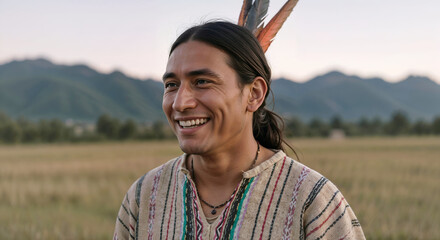 Smiling man in traditional attire standing in field with mountains in background. 