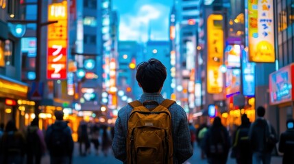 Lost in the vibrant neon lights of Tokyo's bustling streets, a lone traveler with a backpack gazes at the captivating cityscape.