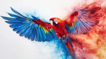 A colorful macaw with blue and red feathers, spreading its wings against a bright white backdrop