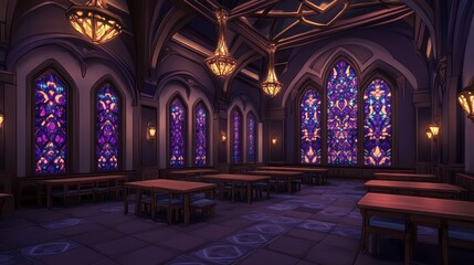 Grand Hall with Gothic Architecture and Stained Glass Windows