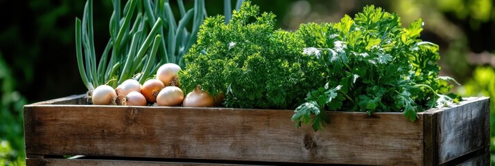 Wooden crate garden, fresh herbs, green onions, root vegetables, rustic planter box, garden fresh produce, organic gardening, homegrown vegetables, kitchen garden, natural lighting, earthy tones, farm