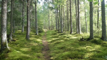 Obraz premium Sunlit Forest Path Lush Green, Mossy Ground, Sunlight Filters Through Tall Trees