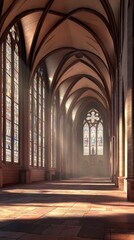 Fototapeta premium Sunlit cathedral hallway with stained glass