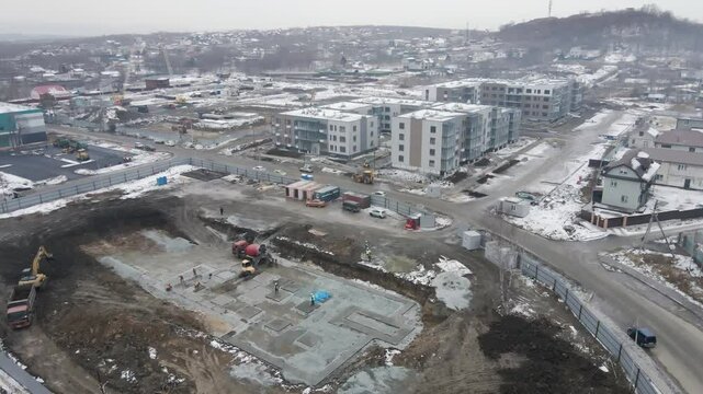 View from above. Construction of a residential microdistrict in the suburbs of Vladivostok.