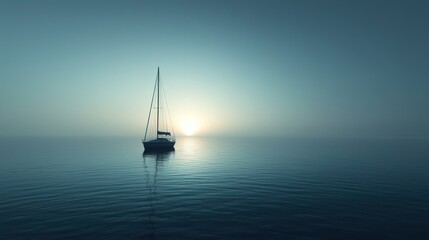 Fototapeta premium Solitary sailboat at sunset on calm sea.
