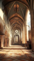 Sunlit cathedral aisle, serene beauty