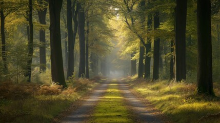 Obraz premium Sunlit Autumn Forest Path Sunlight Illuminates Dirt Road with Fallen Leaves