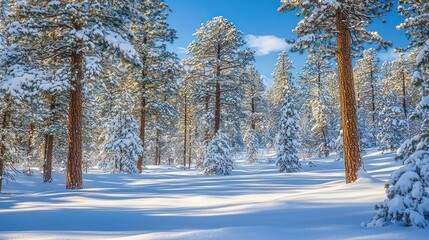 Sunlit snow-covered pine forest on a clear winter day.