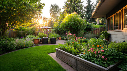 Fototapeta premium Backyard homestead with compost bin, rainwater barrels, and lush vegetable garden surrounded by vibrant flowers in soft morning light 