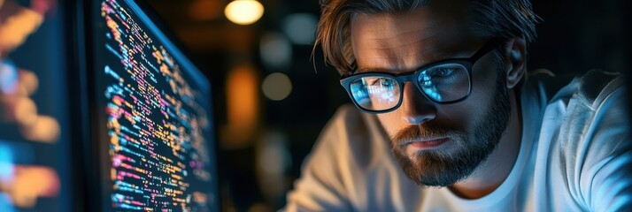 Obraz premium Cyberpunk hacker, blue glow, glasses reflection, focused expression, dark atmosphere, orange and blue contrast, computer screen, digital code, close-up portrait, futuristic, intense lighting, technolo