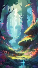 Obraz premium Enchanted forest with serene waterfalls and vibrant autumn foliage, perfect for phone wallpaper or background