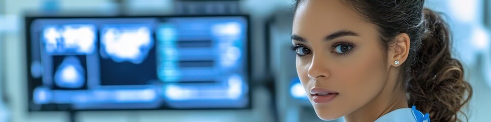 Fototapeta premium woman looking focused, close-up portrait, office environment, blue lighting, computer screens in background, financial data displays, professional attire, serious expression, long dark hair, intense g