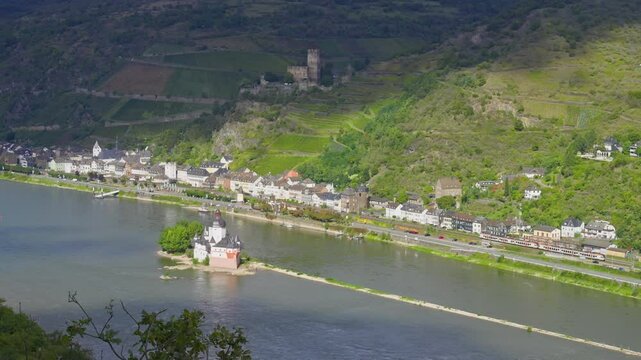 Picturesque Rhine Valley landscape on the Rhine River and a small village on the riverbank, Kaub, Germany