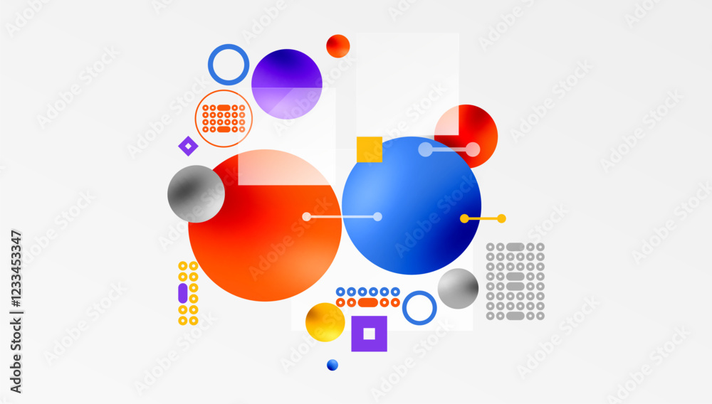 Poster minimalistic abstract vector design, layered geometric shapes circles, squares, and triangles with s