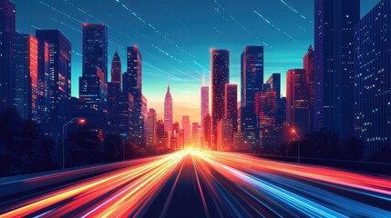 Fototapeta premium Cityscape highway sunrise, light trails, futuristic, advert