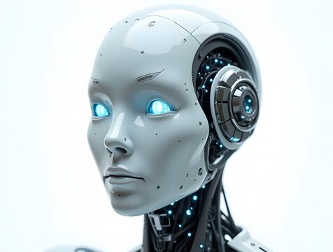 modern realistic robot head isolated on white backgroun