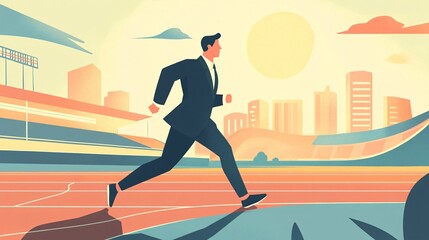 Funny Businessman Jogging on Stadium Track Vector Illustration for Work-Life Balance Motivation