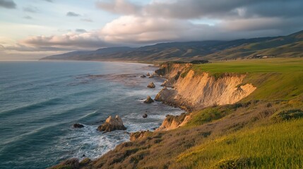 Coastal Sunset Landscape Dramatic Ocean Waves Crashing Against Rocky Cliffs