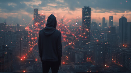 Hacker are planning to hack and attack networks and cyber security , innovative Smart city and graphs with statistics to analyze business potential and predict future developments in company growth.