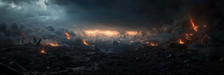Naklejka premium Post-apocalyptic cityscape, destroyed buildings, burning wreckage, smoky sky, orange glow, dystopian atmosphere, urban ruins, devastation, dramatic lighting, cinematic, wide panorama, abandoned vehicl