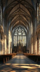 Fototapeta premium Sunlit cathedral nave with stained glass