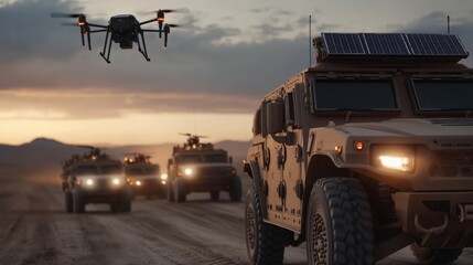 A convoy of military vehicles equipped with solar panels, moving through a desert with high-tech surveillance drones flying overhead