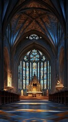Fototapeta premium Gothic cathedral interior, stained glass