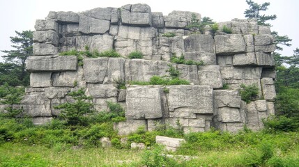 Grey Rock Formation, Natural Stone Blocks, Lush Greenery