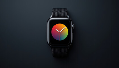 Black Apple Watch with Rainbow Circular Watch Face on Dark Background