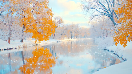 Naklejka premium Snowy autumn river, golden leaves reflection, tranquil winter park scene, nature postcard