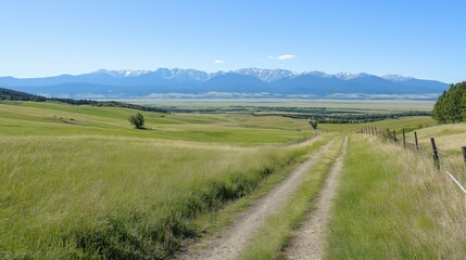 Fototapeta premium Serene Meadow Path Leading To Majestic Snowcapped Mountains