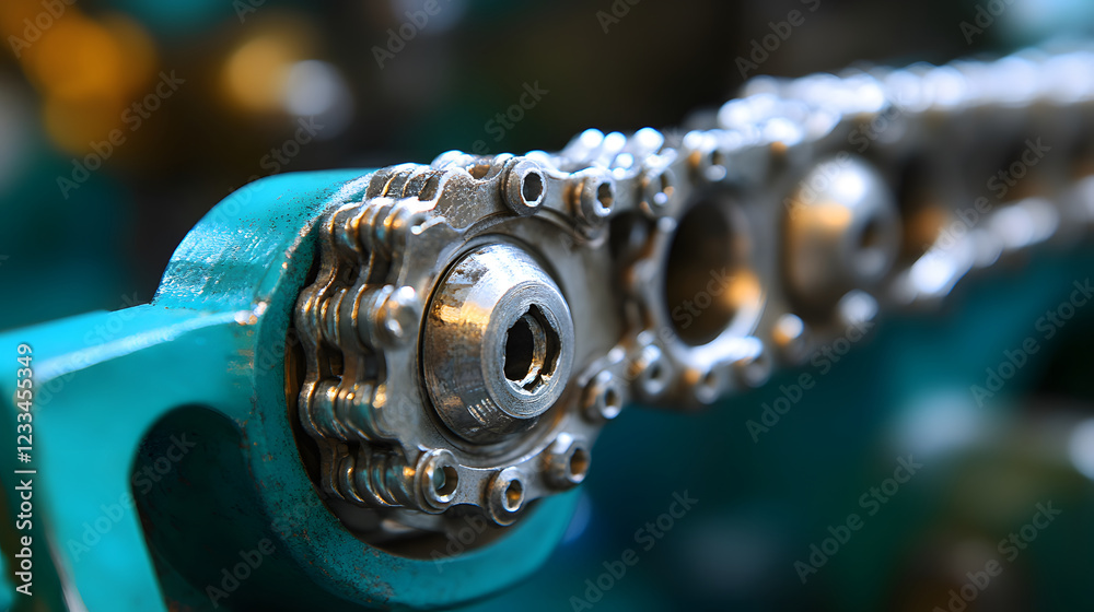 Poster A close-up of a metallic chain link, showcasing intricate details and shiny components, highlighting its mechanical function