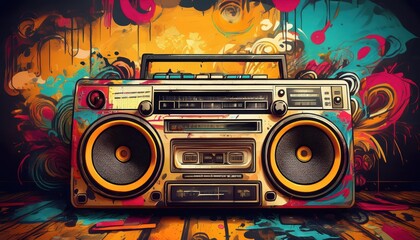 Fototapeta premium Vintage Ghetto Blaster Boombox Surrounded by Gritty Graffiti Art, Illuminating a Dark and Energetic s Urban Scene
