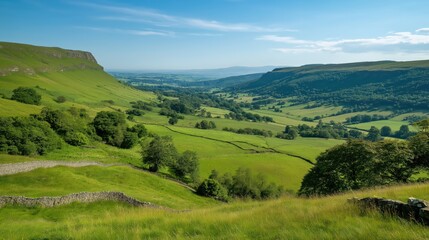 Obraz premium Summer Valley Landscape Lush Green Hills and Meadows Under a Bright Sky