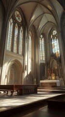 Fototapeta premium Sunlit church interior with stained glass