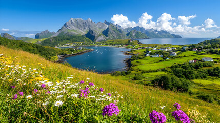 Scenic coastal village nestled in mountains, wildflowers in foreground, sunny day, travel poster