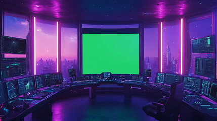 Futuristic Control Room with Green Screen and Neon Lights at Night
