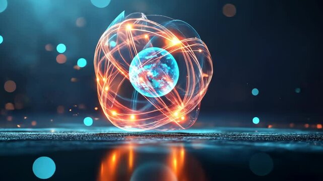 Digital representation of an atom with glowing electrons and cosmic background effects