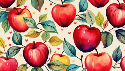 Vibrant Retro Pop Watercolor Apple Pattern with a Whimsical Feel for Valentines Day Celebrations, Emulating HandDrawn and Vector Artistry in a Seamless Layout.