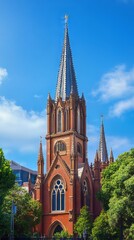 Obraz premium Brick church tower against blue sky