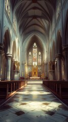 Sunlit aisle of a grand cathedral