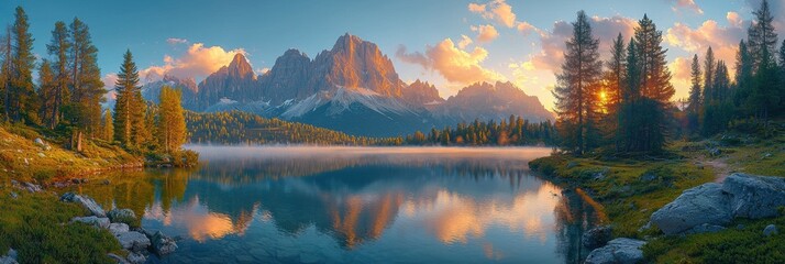 Fototapeta premium Majestic winter landscape scenery wallpaper with snow mountain forest