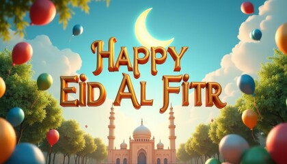 a beautiful eid al fitr greeting card with the text "happy eid al fitr" and a mosque in the background. colorful balloons are flying in the sky