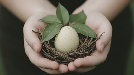 Hands Holding Nest with Egg and Sprout, New Life