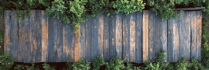 Weathered wooden planks, rustic texture, green ivy leaves, natural border, overhead view, earthy tones, garden backdrop, aged wood grain, organic composition, outdoor setting, horizontal layout, natur