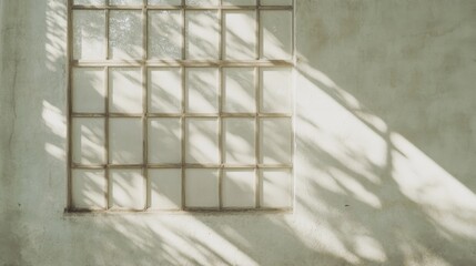 Sunlight casting soft shadows through a vintage window onto a textured wall in a serene setting
