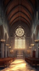 Obraz premium Sunlit church interior, peaceful scene.