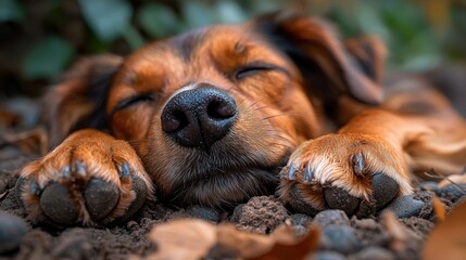 Sleeping dog with closed eyes resting paws on soil in a garden