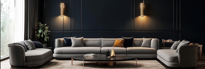 Luxurious dark living room, modern gray sofa, marble coffee table, sleek fireplace, moody lighting, minimalist decor, high ceilings, large windows, dramatic shadows, elegant interior design, contempor